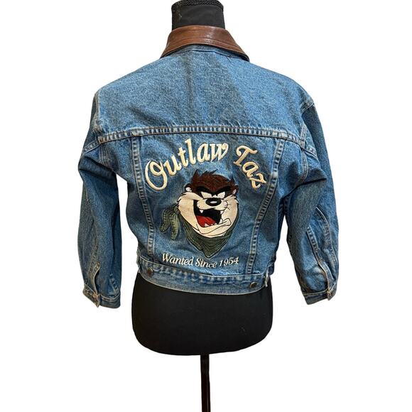 Vintage Kids Medium Warner Bros Cartoon Tasmanian Devil Outlaw Denim Jacket - Picture 1 of 16